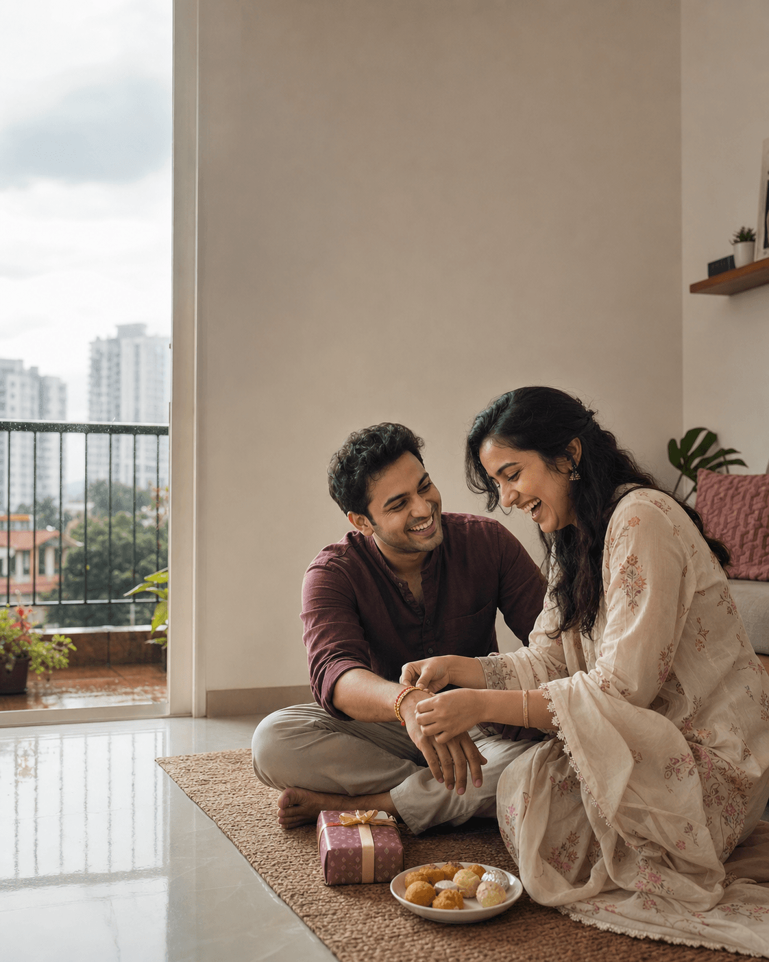A brother and sister sharing a Rakhi moment together in a Pune home