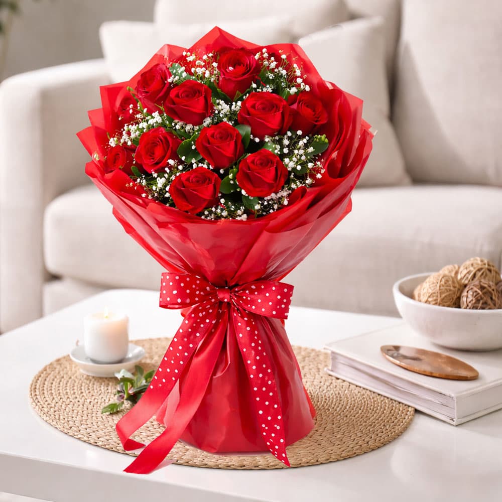 Red Rose Bunch with Red paper wrapping