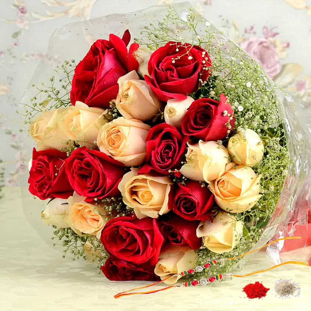 Red and Pink/Peach Roses Bouquet for Rakhi