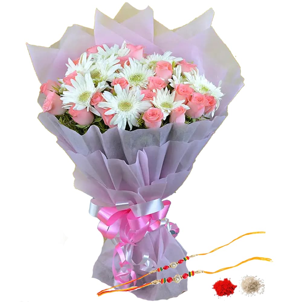 Pink roses and White Gerbera Bouquet for Rakhi