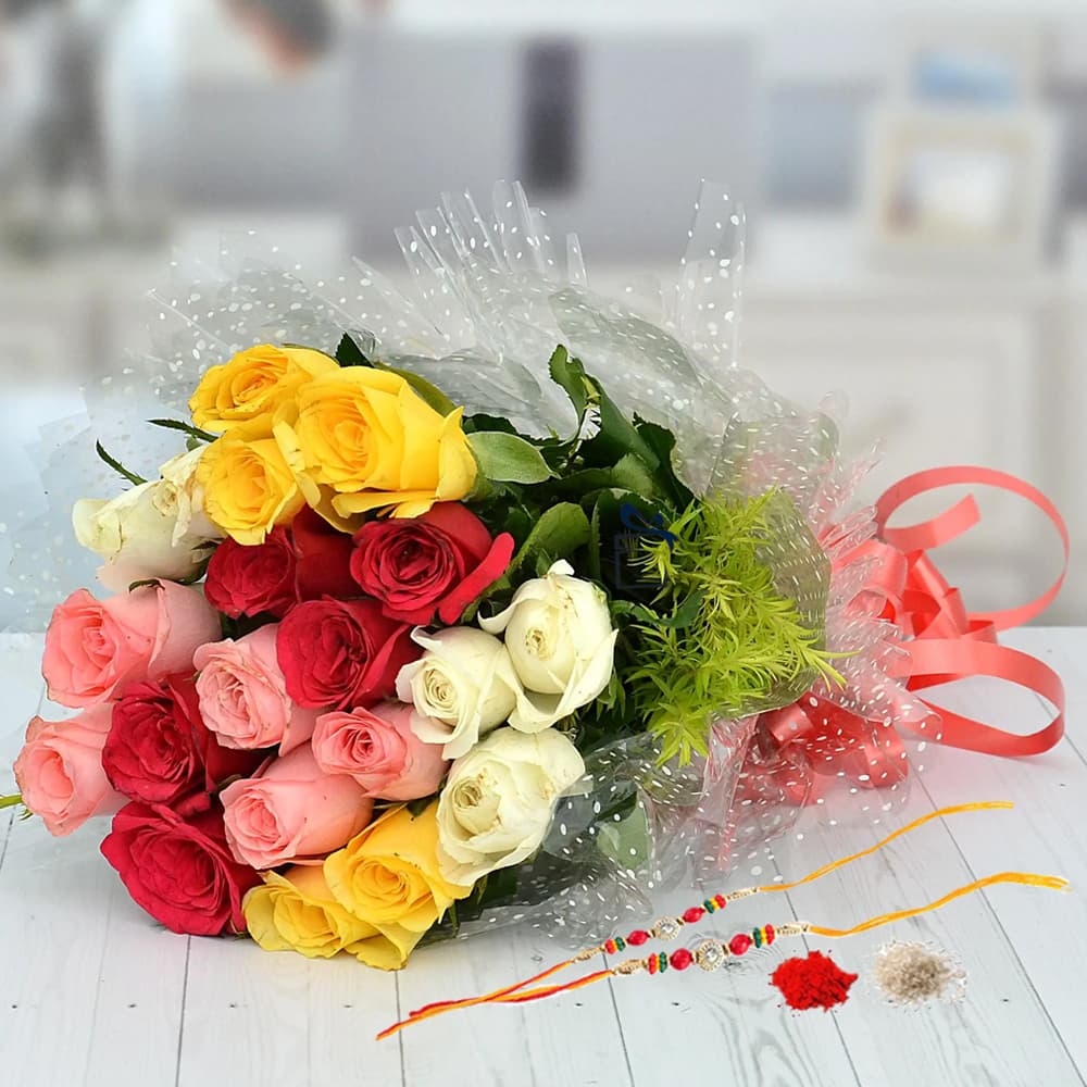 Red, Pink, Yellow, White Roses Bouquet for Rakhi