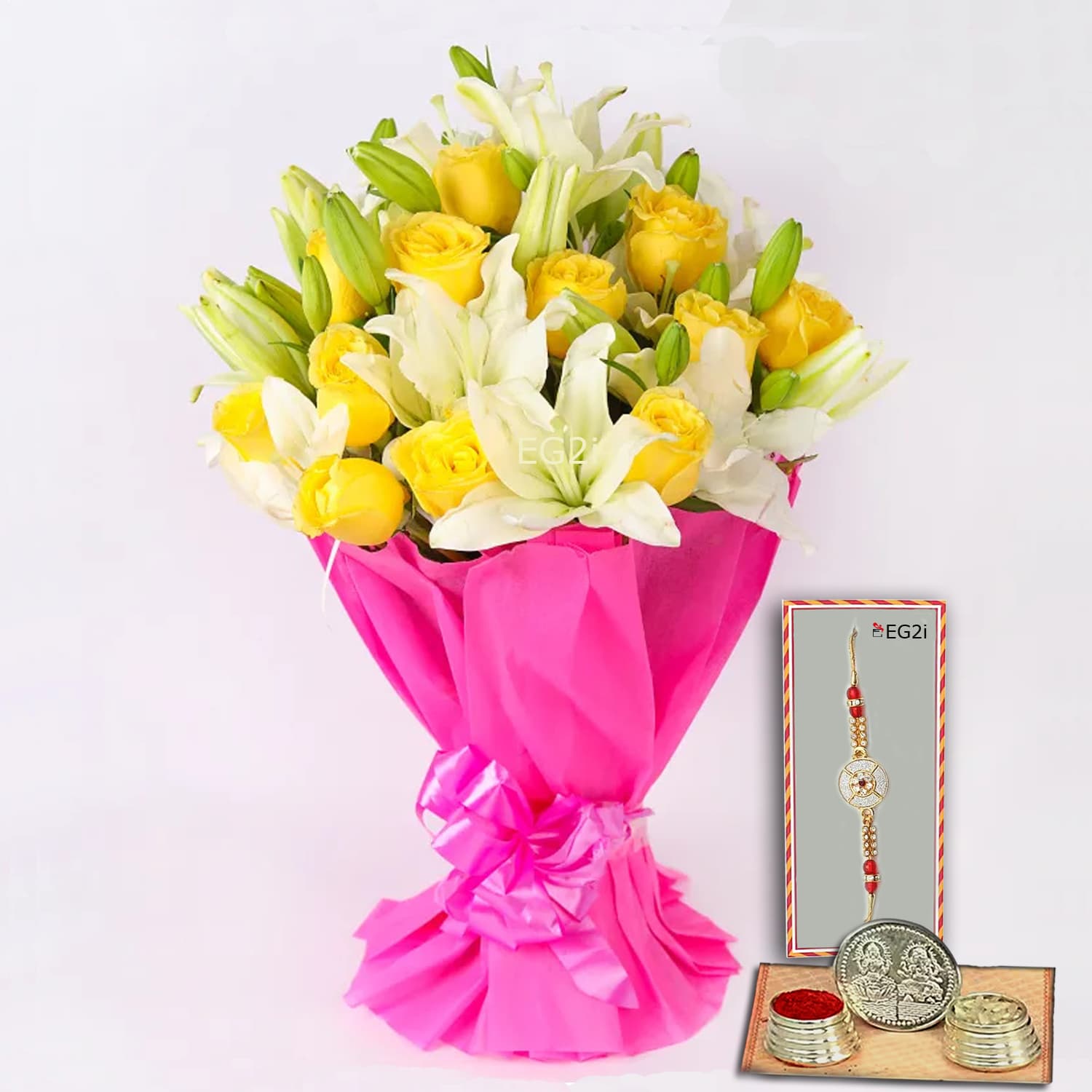 Roses and Lilies with Rakhi Roli Chawal