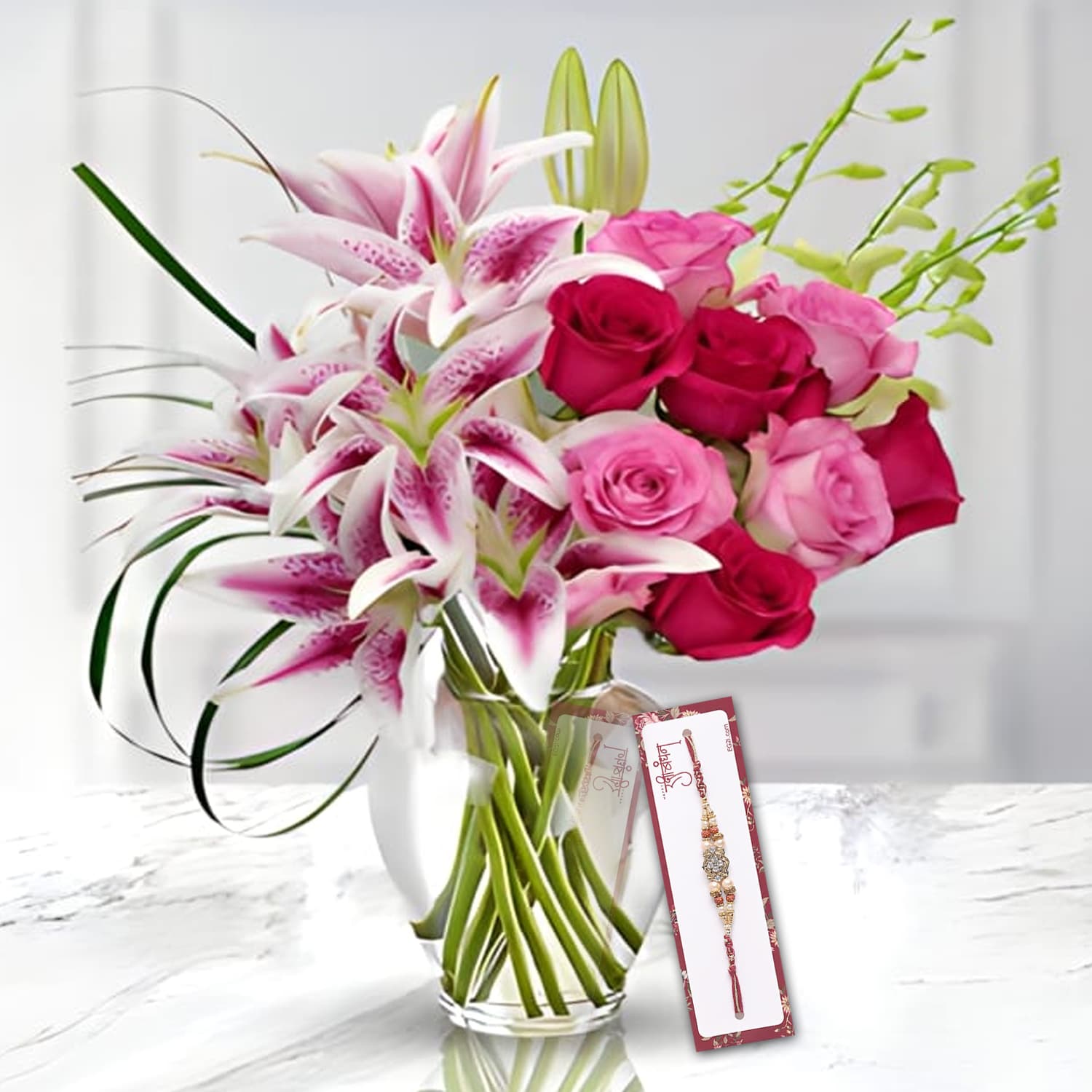 Lilies and Roses Glass Vase with Rakhi Roli Chawal