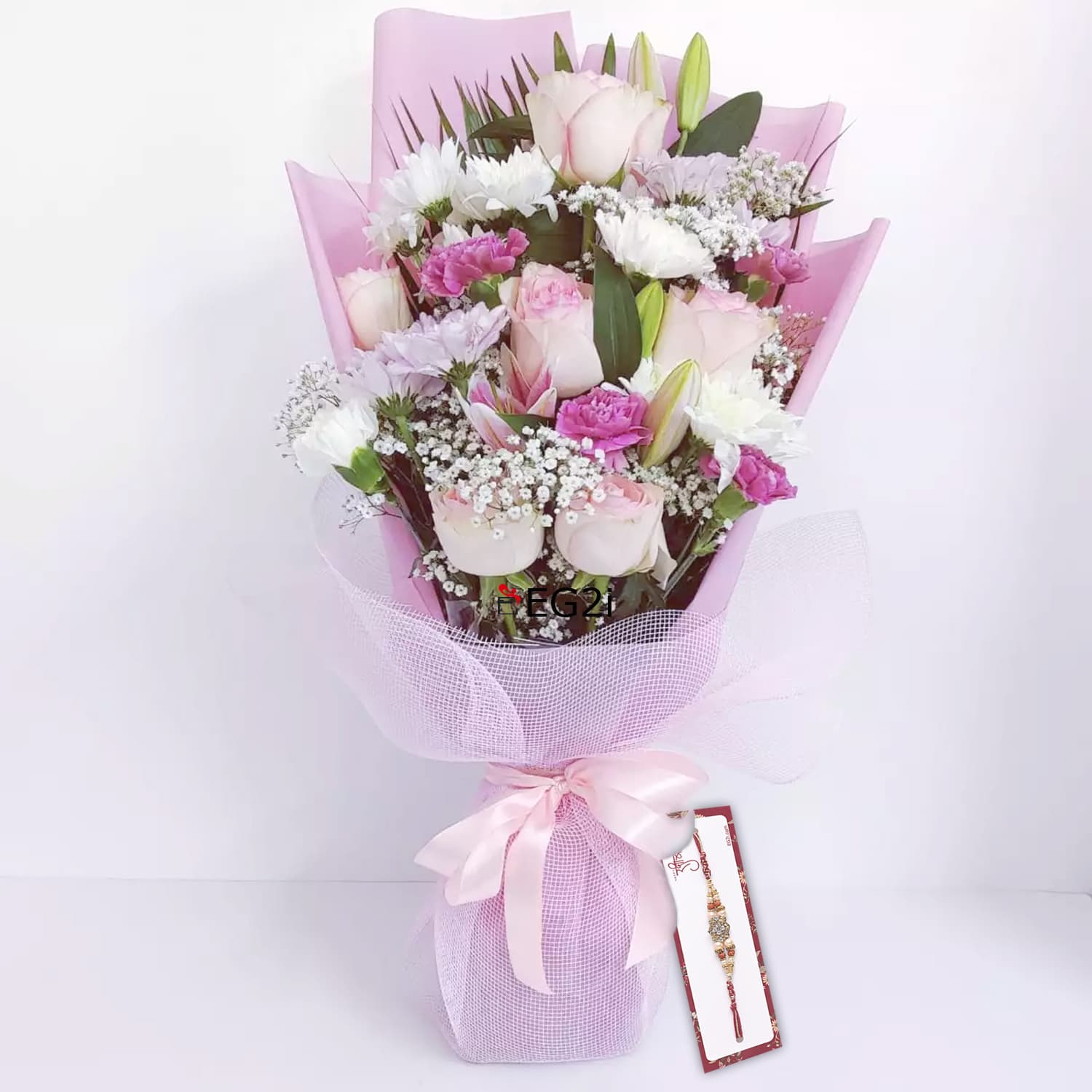 Mixed Flowers Hand Bouquet with Rakhi Roli Chawal