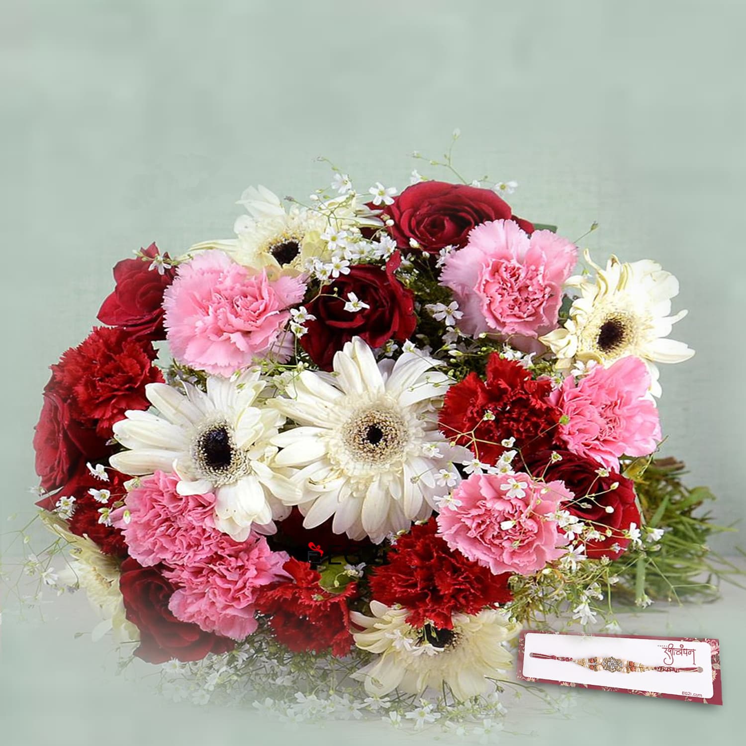 Gerbera, Roses and carnation bouquet with Rakhi Roli Chawal