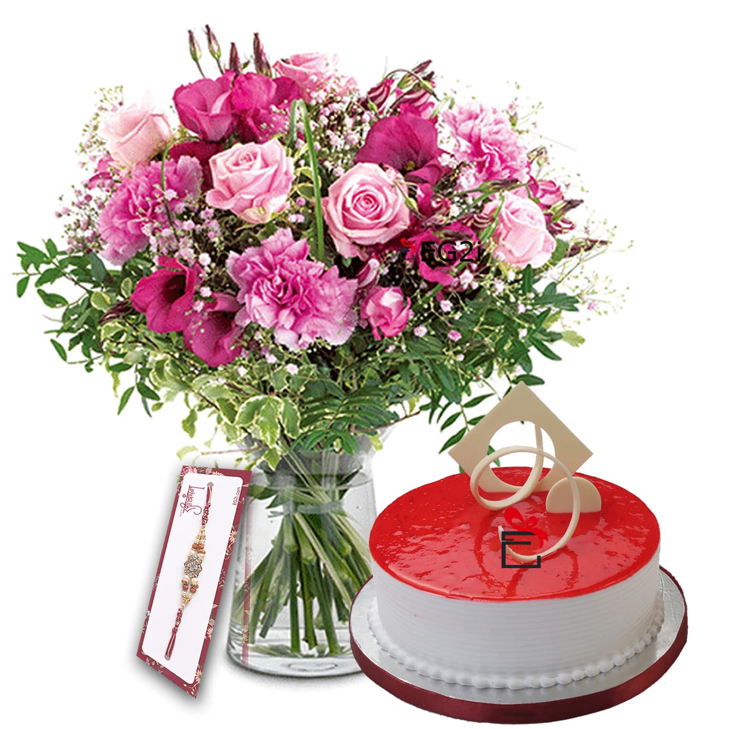 Mixed Seasonal Flowers and Strawberry cake with Rakhi Roli Chawal