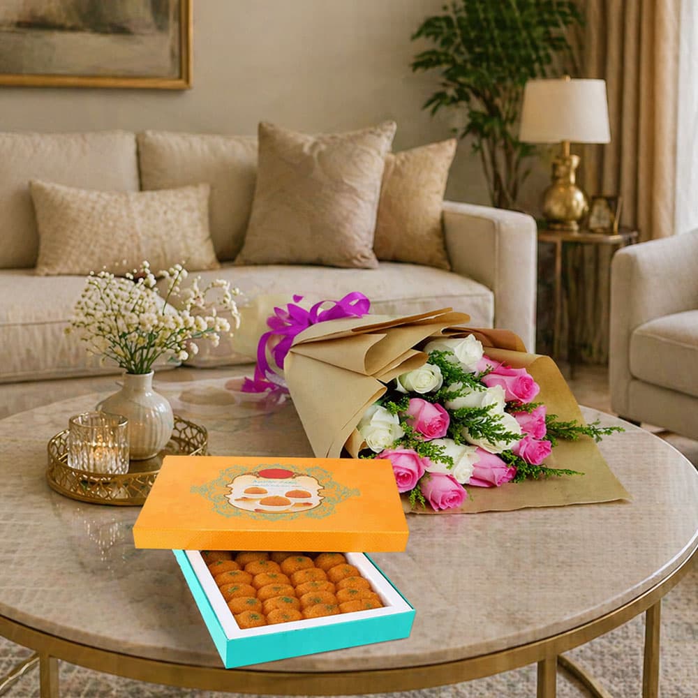 Flowers with Mithai Box